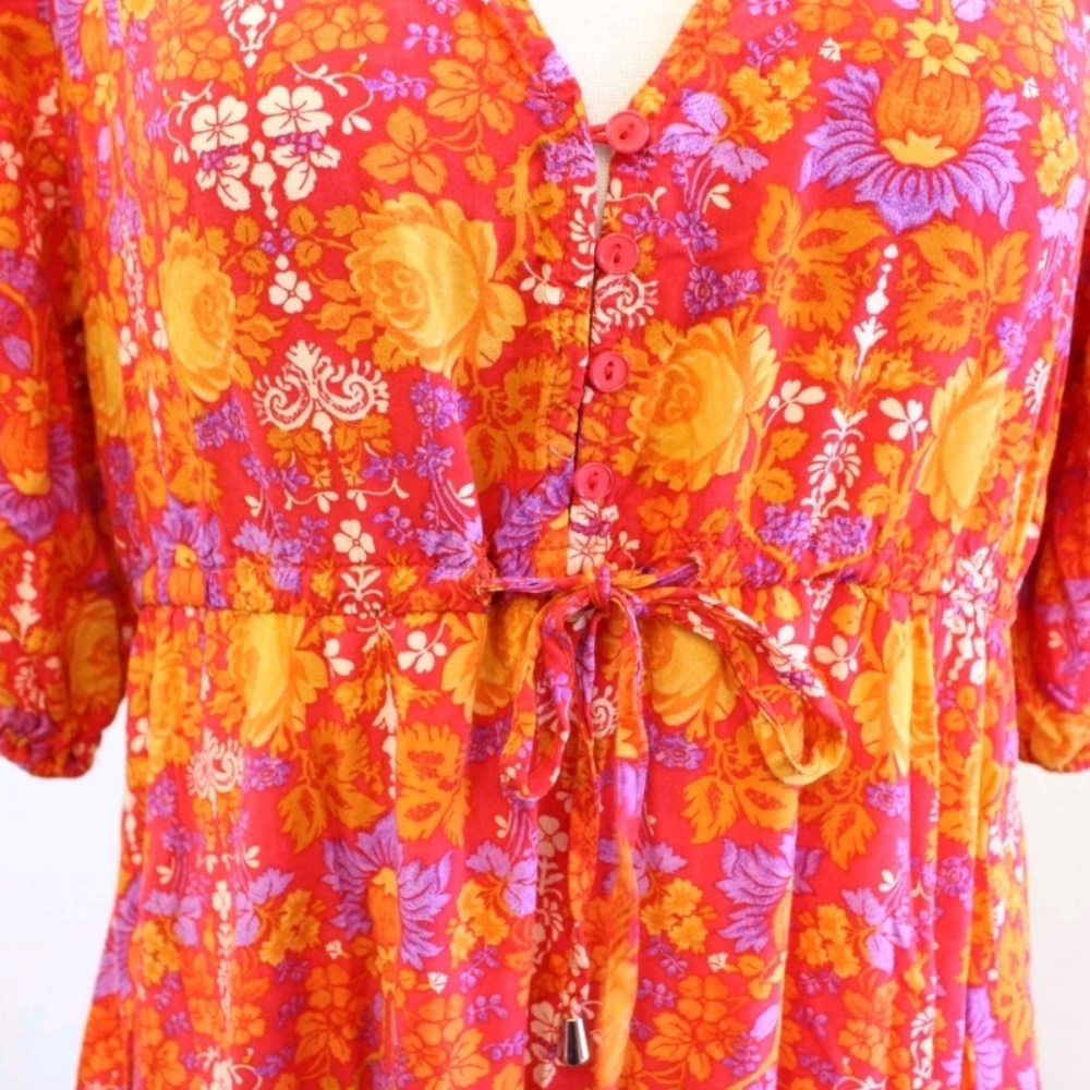 S🧡Anthropologie Abel the Label Red Orange Yellow Floral Print Dress Midi/Maxi - Picture 4 of 9
